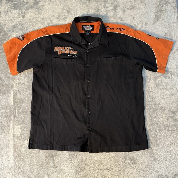 Harley-Davidson Other - Harley Davidson Button Down Shirt Mens XL Black Orange Short Sleeve Logo